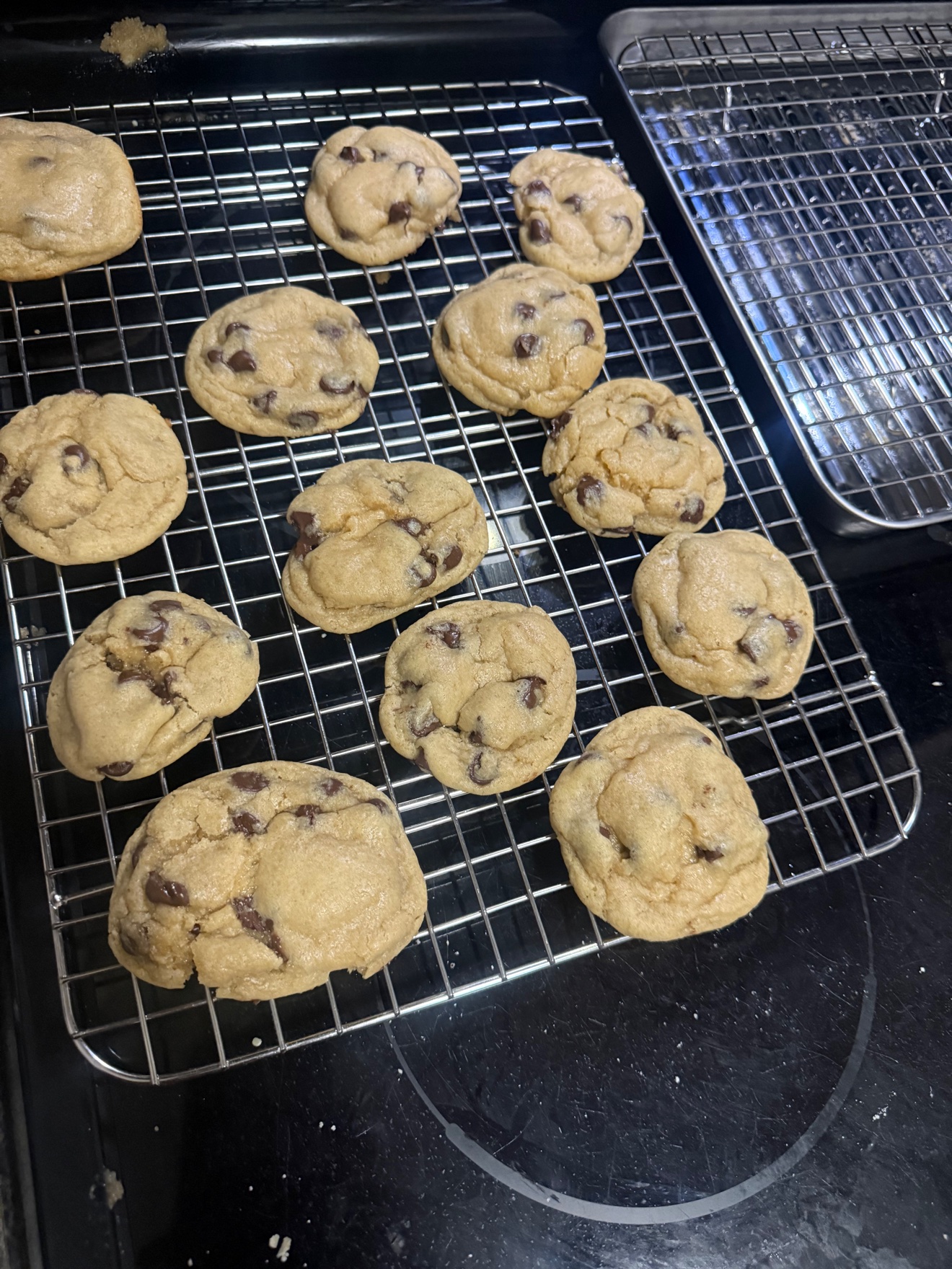Chocolate chip cookies on a cooling rack