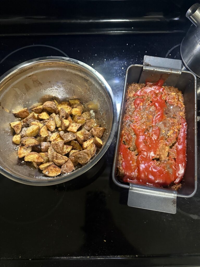 Tangy Glazed Meatloaf with Garlic Parmesan Potatoes